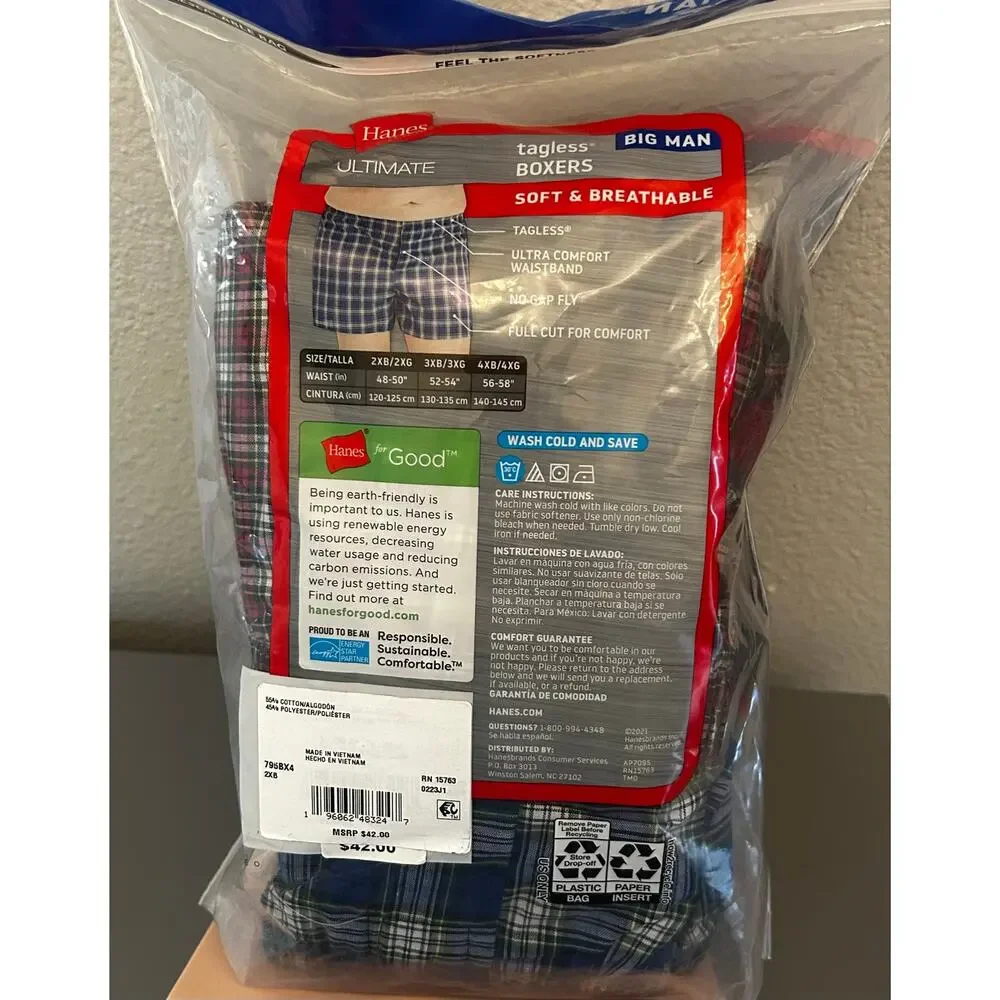 Hanes Ultimate Big Man Woven Boxers 4-Pack 2XB NIP Plaid Cotton Tagless